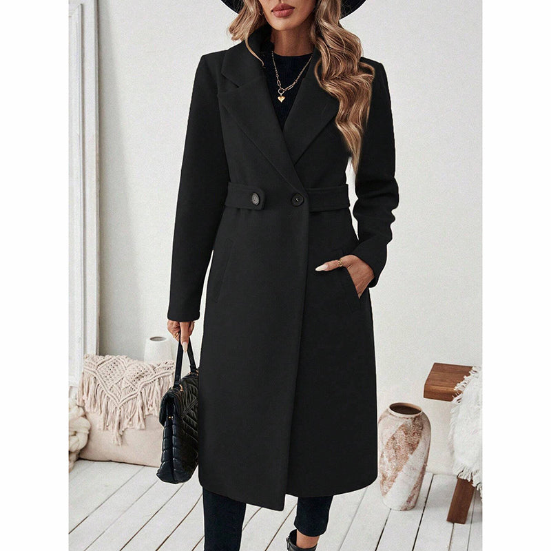 Elegant Women’s Wool-Blend Trench Coat – Mid-Length Winter Outerwear