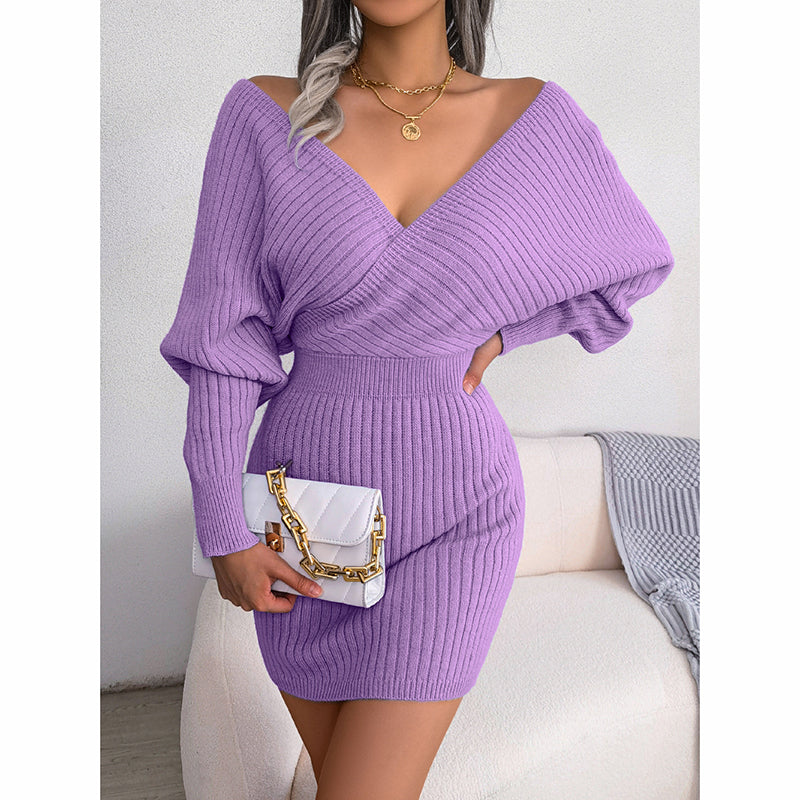 Women’s Off-Shoulder Knit Sweater Dress – Cozy V-Neck Winter Mini Dress