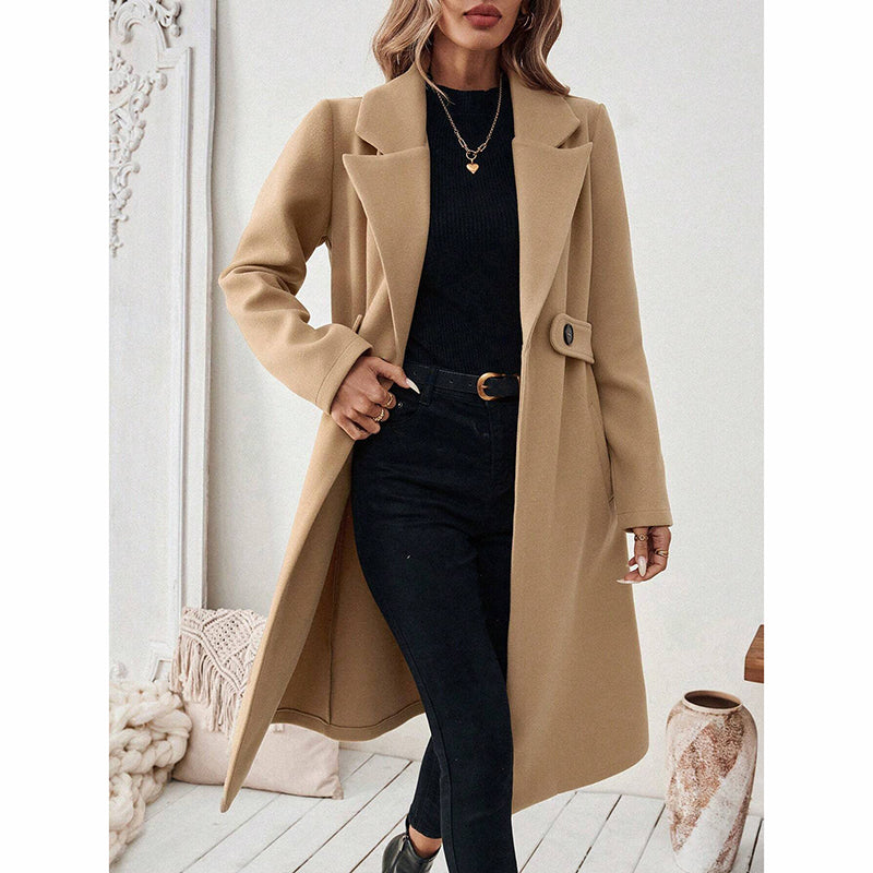 Elegant Women’s Wool-Blend Trench Coat – Mid-Length Winter Outerwear