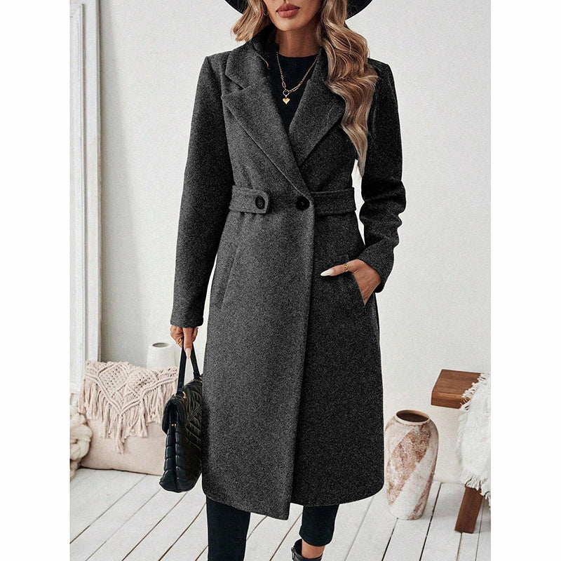 Elegant Women’s Wool-Blend Trench Coat – Mid-Length Winter Outerwear
