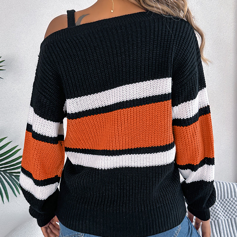 Women’s Color Block Off-Shoulder Sweater – Cozy Fall/Winter Pullover