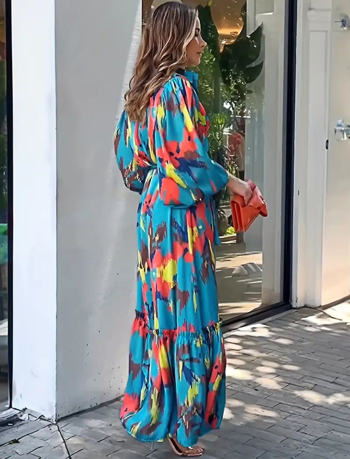Women’s Floral Maxi Dress – Long Sleeve V-Neck Boho Plus Size Dress