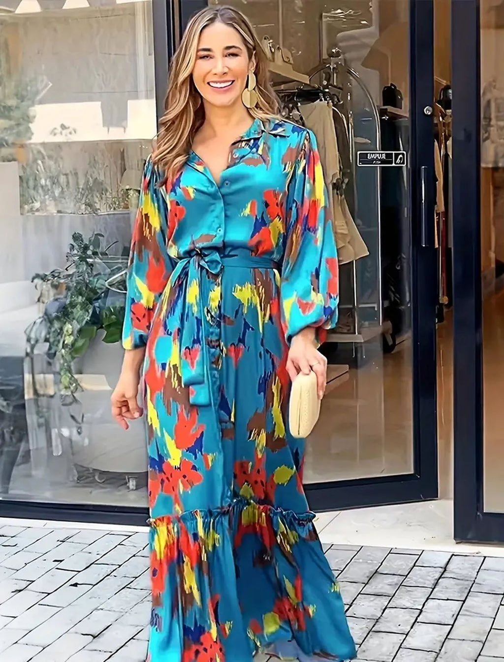 Women’s Floral Maxi Dress – Long Sleeve V-Neck Boho Plus Size Dress