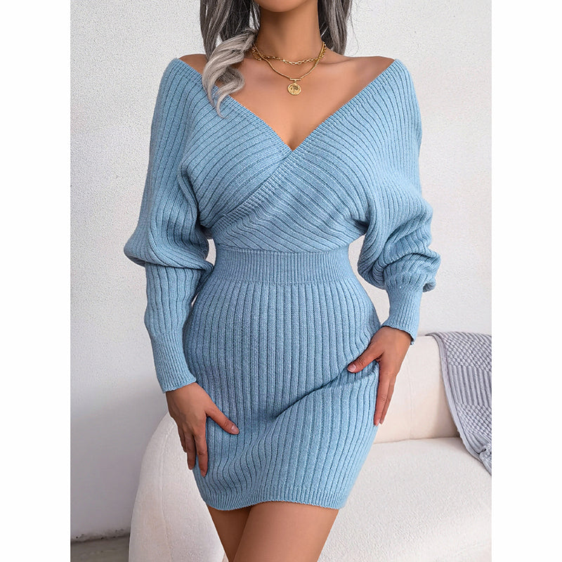Women’s Off-Shoulder Knit Sweater Dress – Cozy V-Neck Winter Mini Dress