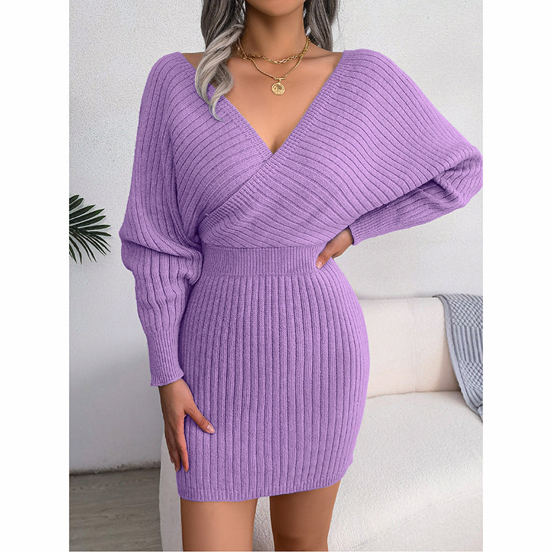 Women’s Off-Shoulder Knit Sweater Dress – Cozy V-Neck Winter Mini Dress
