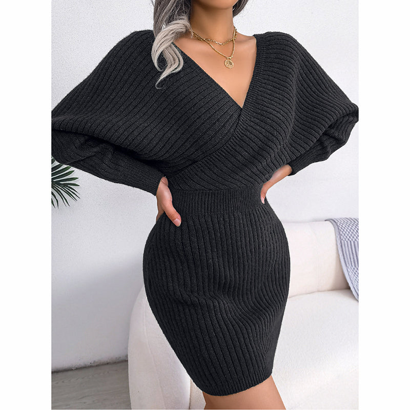 Women’s Off-Shoulder Knit Sweater Dress – Cozy V-Neck Winter Mini Dress
