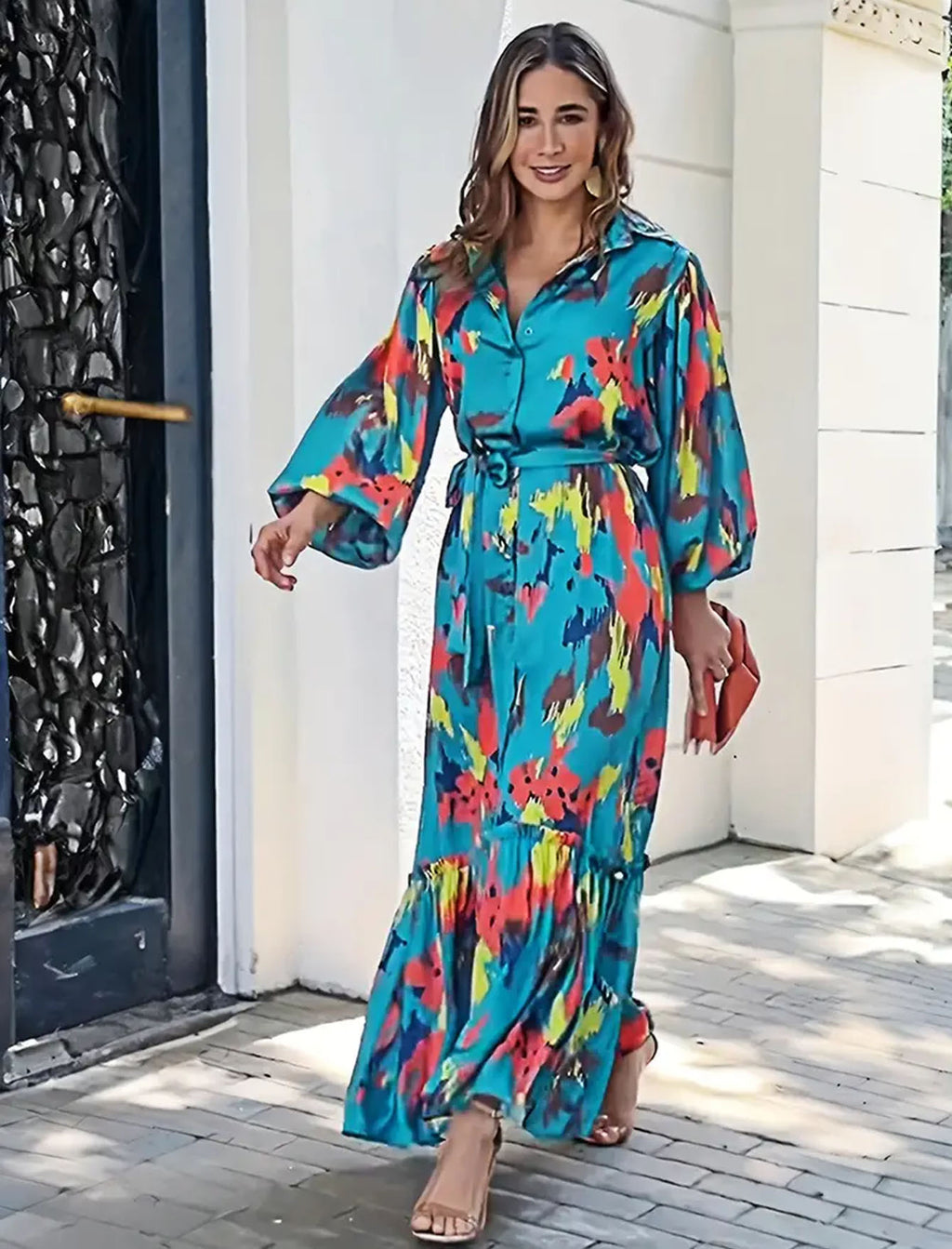 Women’s Floral Maxi Dress – Long Sleeve V-Neck Boho Plus Size Dress