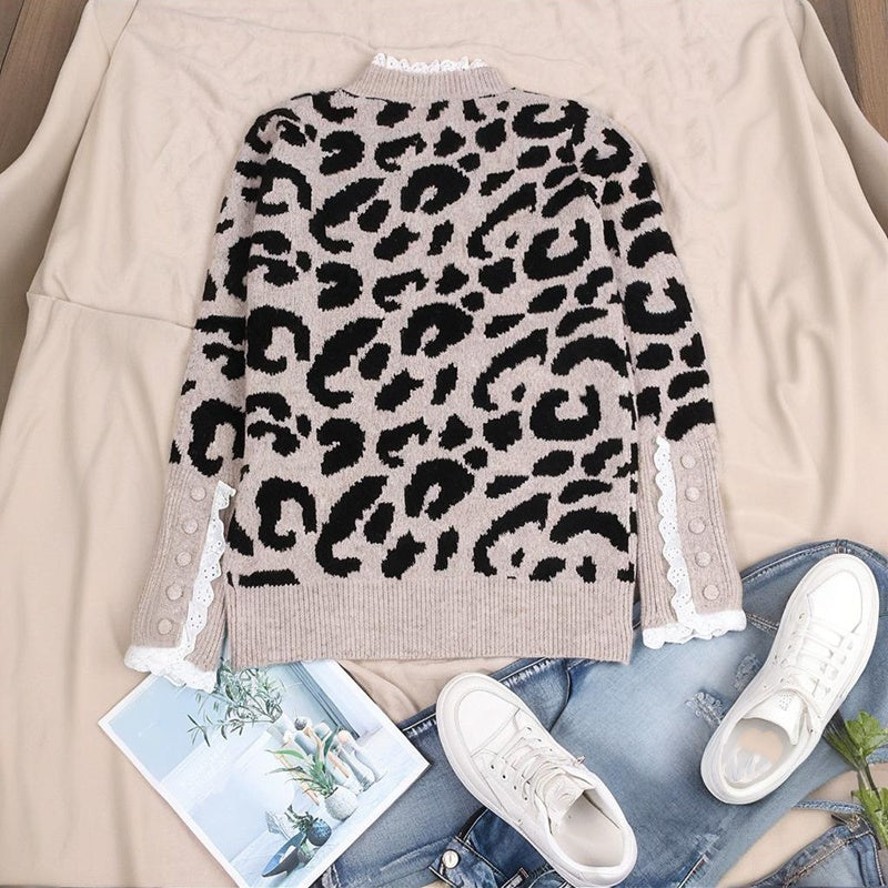 Women’s Leopard Print Knit Sweater – Cozy Long Sleeve Pullover
