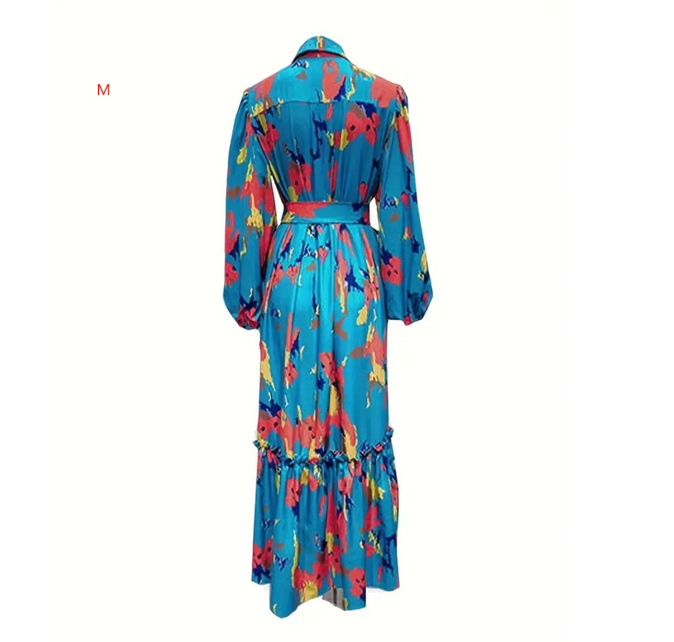 Women’s Floral Maxi Dress – Long Sleeve V-Neck Boho Plus Size Dress