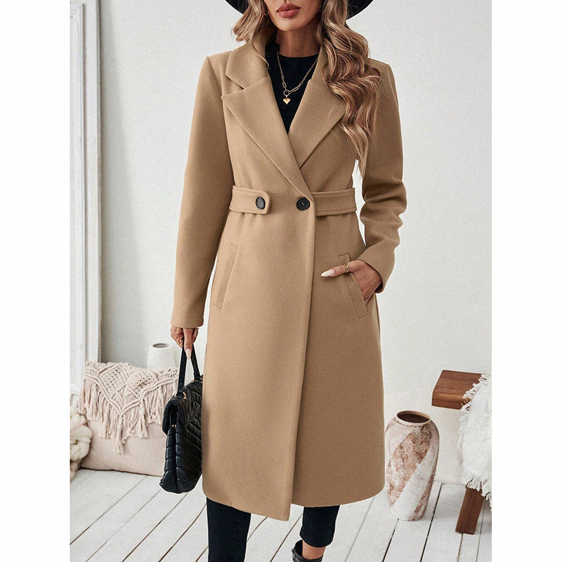 Elegant Women’s Wool-Blend Trench Coat – Mid-Length Winter Outerwear