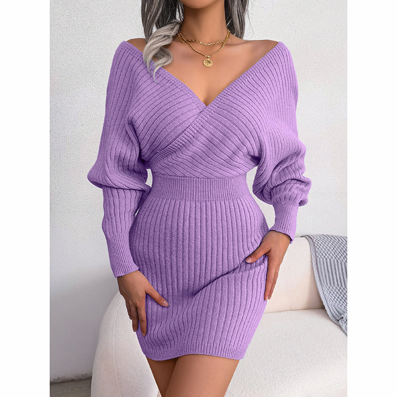 Women’s Off-Shoulder Knit Sweater Dress – Cozy V-Neck Winter Mini Dress