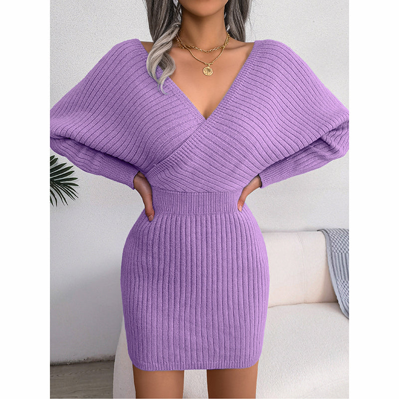 Women’s Off-Shoulder Knit Sweater Dress – Cozy V-Neck Winter Mini Dress