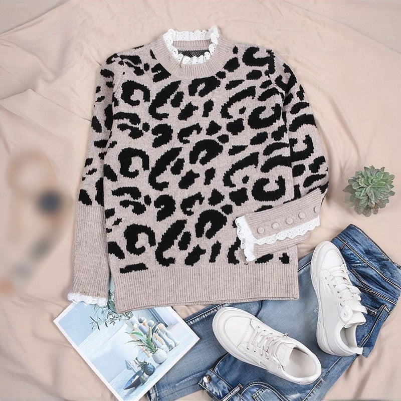 Women’s Leopard Print Knit Sweater – Cozy Long Sleeve Pullover