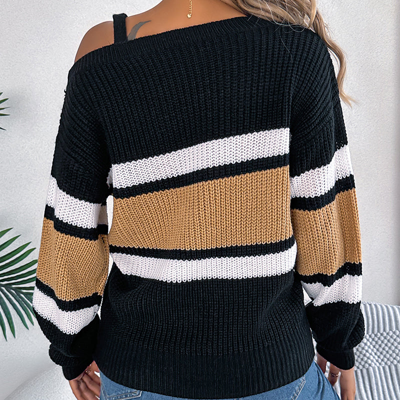 Women’s Color Block Off-Shoulder Sweater – Cozy Fall/Winter Pullover