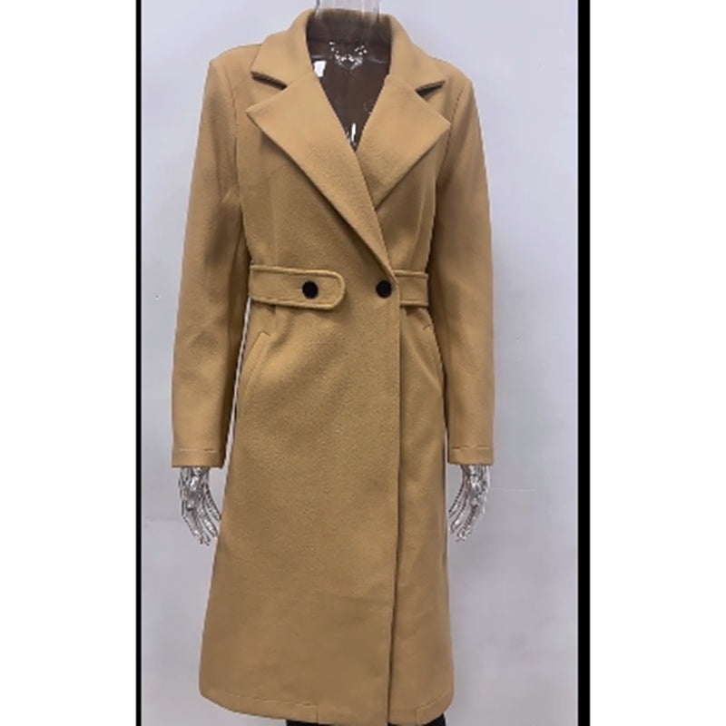 Elegant Women’s Wool-Blend Trench Coat – Mid-Length Winter Outerwear