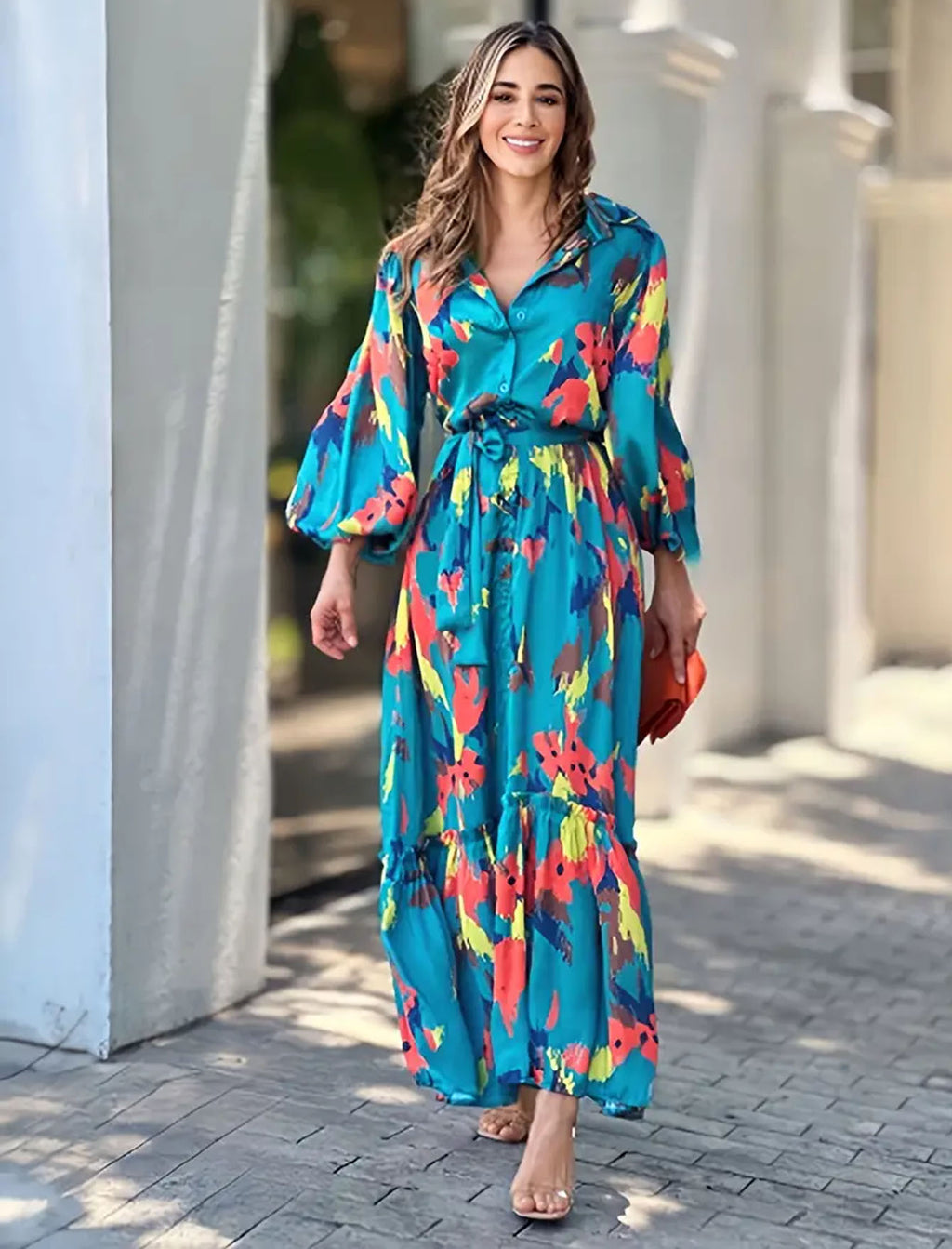 Women’s Floral Maxi Dress – Long Sleeve V-Neck Boho Plus Size Dress
